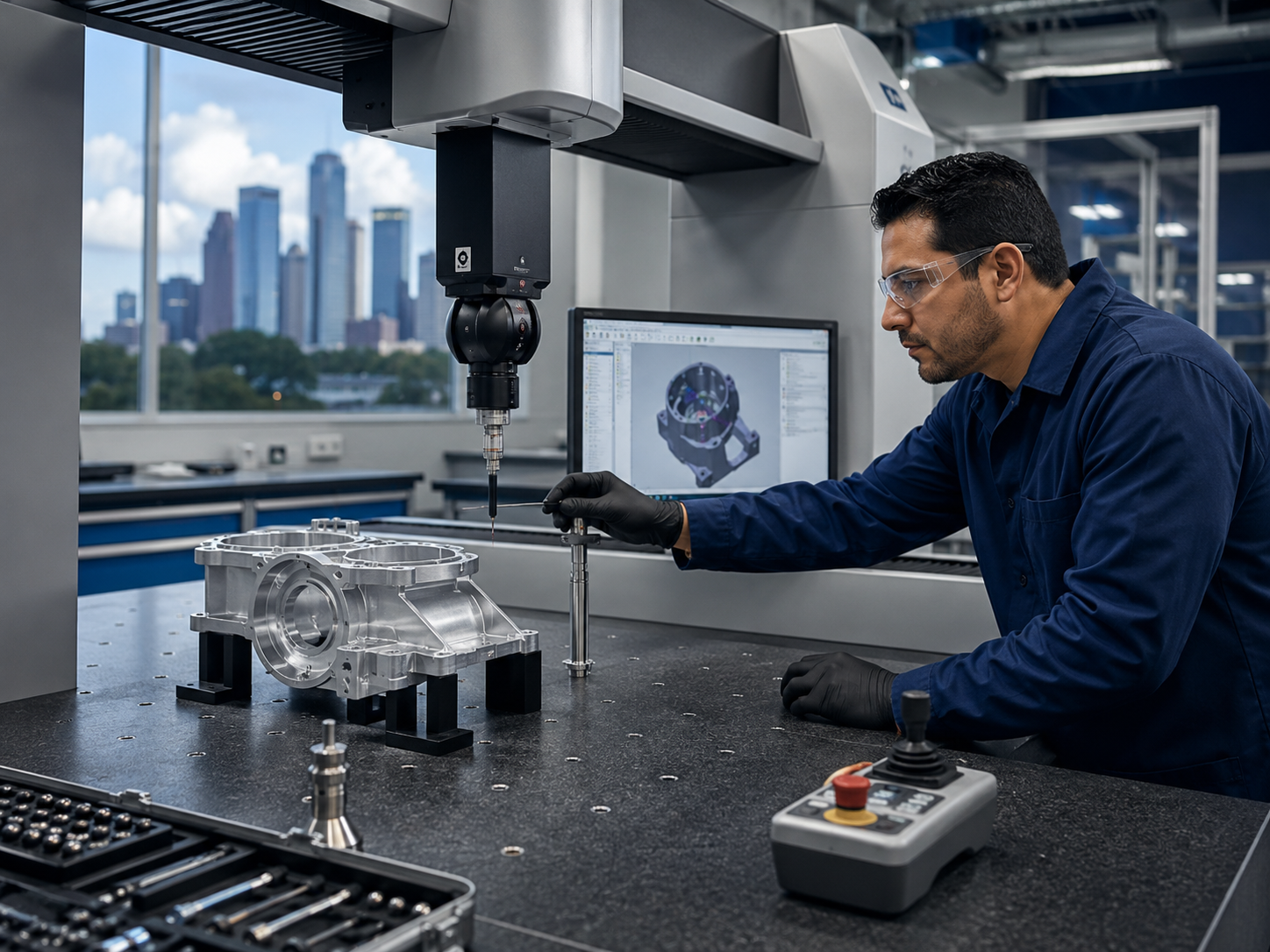 CMM calibration technician working with precision inspection equipment in Houston