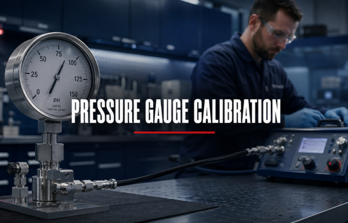Technician performing pressure gauge calibration in a Houston laboratory