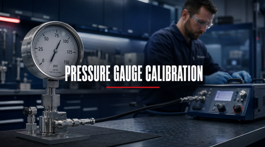Technician performing pressure gauge calibration in a Houston laboratory