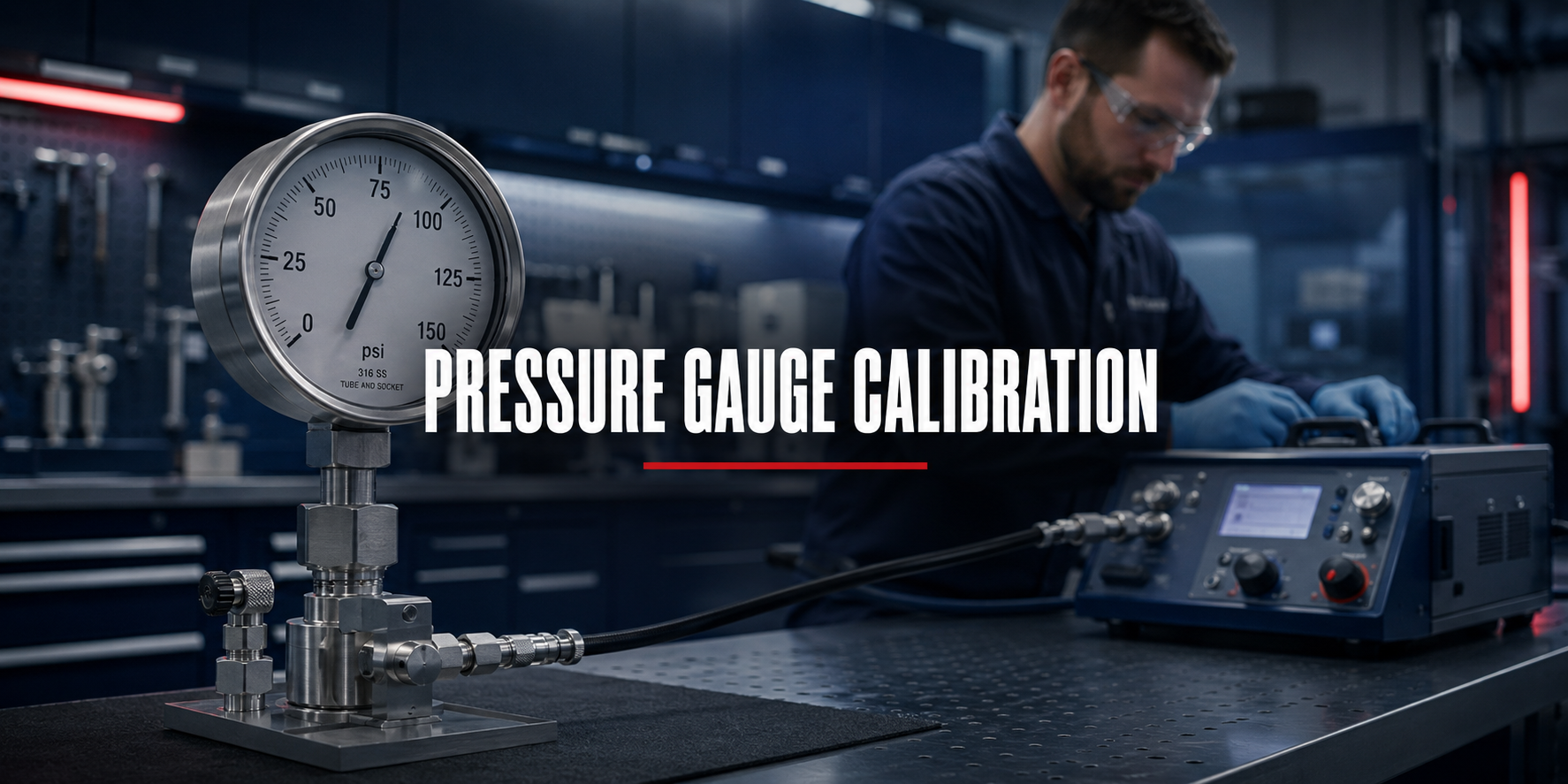 Technician performing pressure gauge calibration in a Houston laboratory