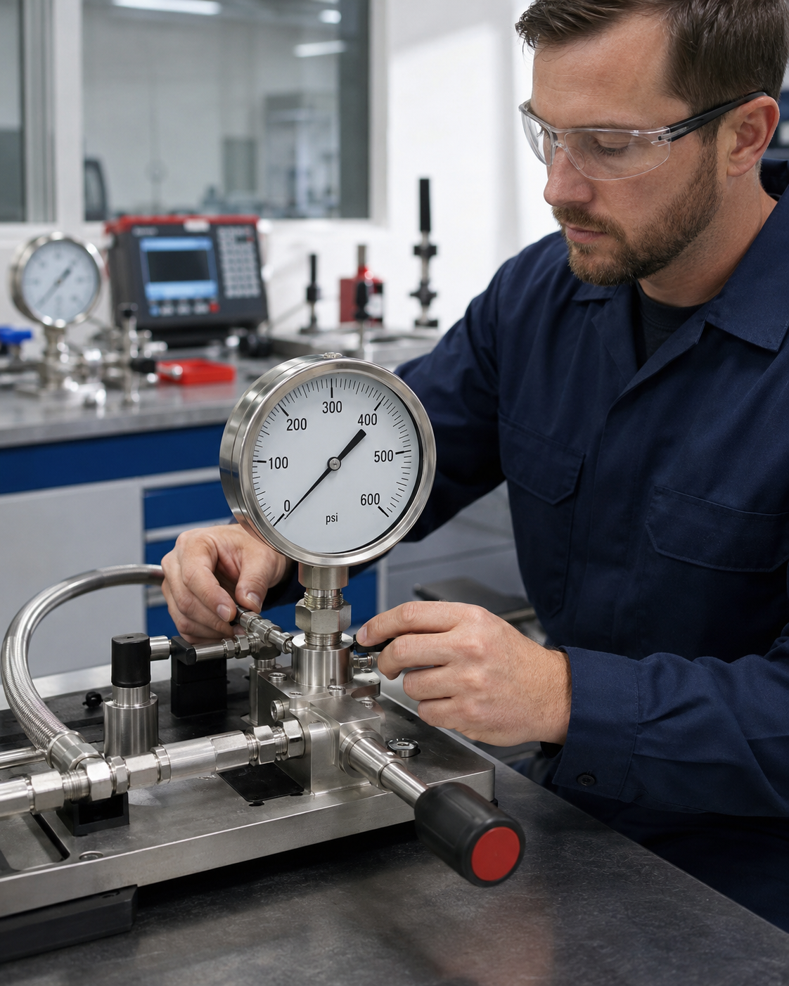 Technician performing pressure gauge calibration in Houston