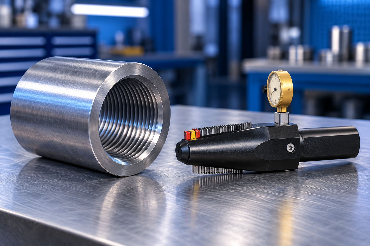 Illustration of a bar-style cold root rolling toolholder beside an internally threaded box connection.