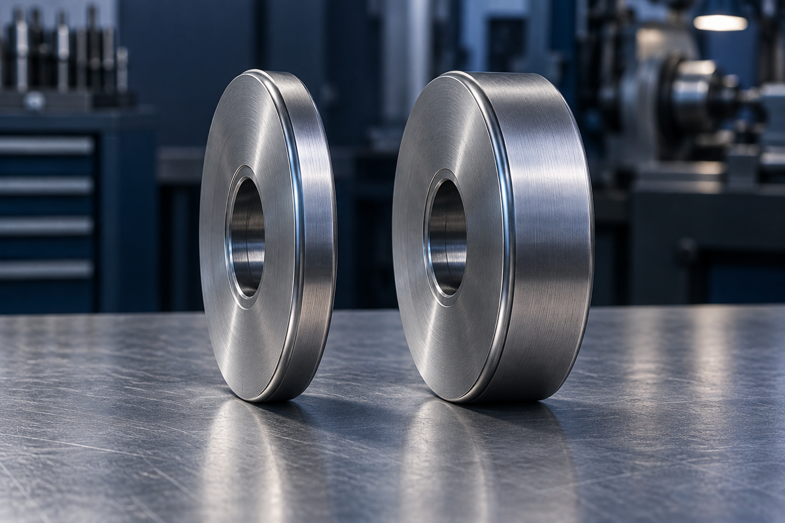 Conceptual illustration of two cold root rolling wheels with different widths.